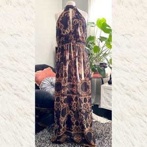 Boohoo Plus Size Black & Tan Jasmin Chain Print Halterneck Sheer Maxi Dress